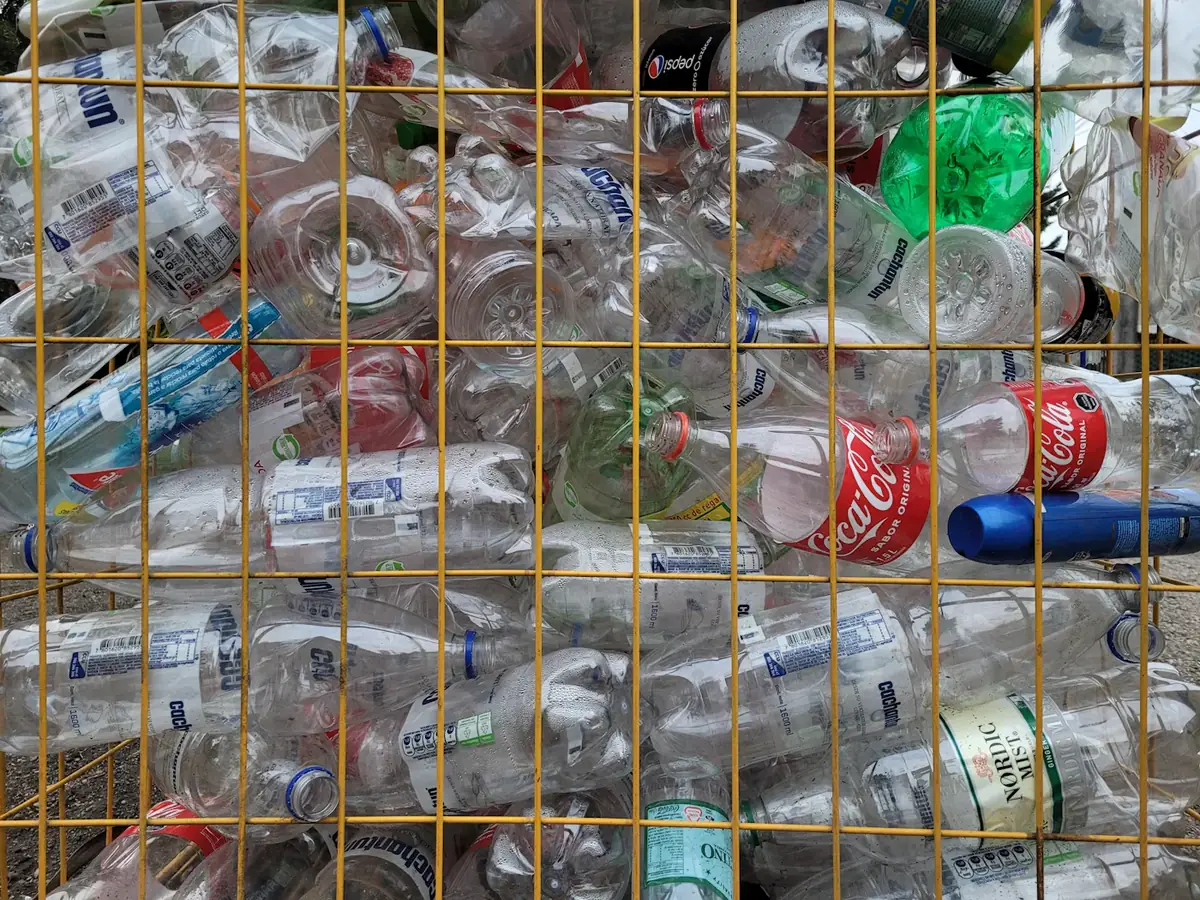 Post-consumer PET bottles collected for recycling